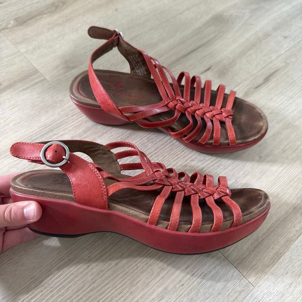 Dansko Dana Red Coral Braided Strappy Leather Sandals Comfort Size 37 7